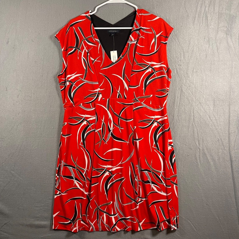 Banana Republic Dress Womens XL NWT Red Black Abstract Print V Neck Stretch